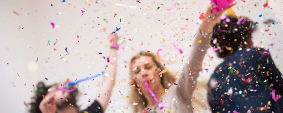 confetti party happy young people group celebrating new year eve while dancing and have fun at home