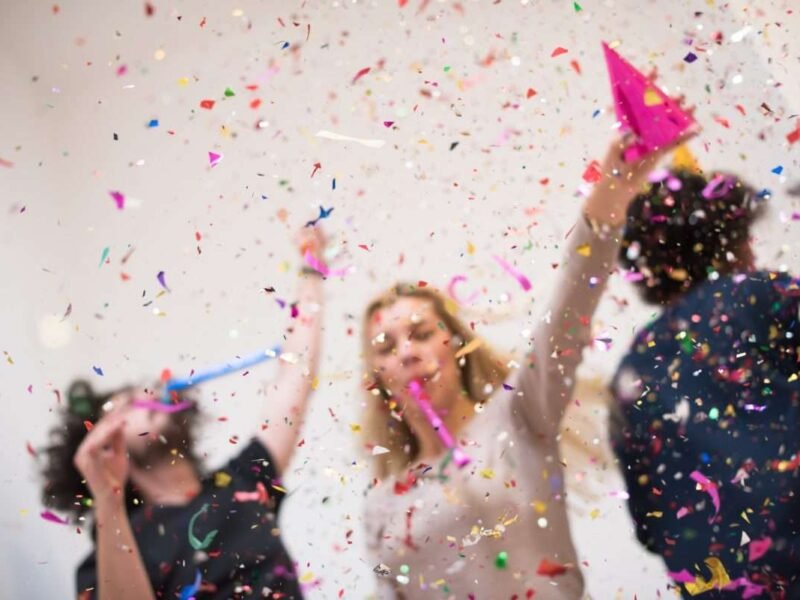 confetti party happy young people group celebrating new year eve while dancing and have fun at home