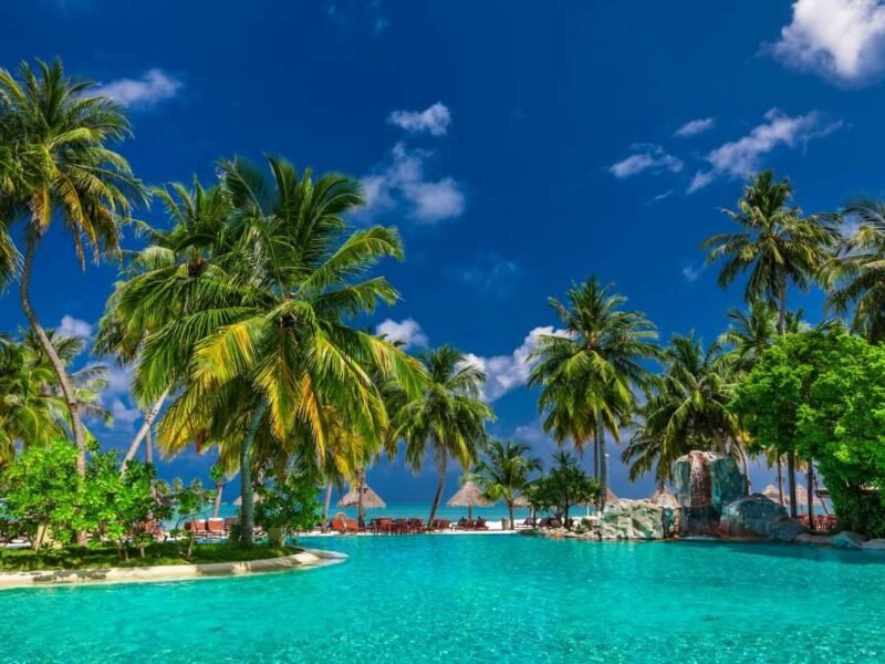 Large infinity swimming pool on the tropical beach with palm trees and umbrellas